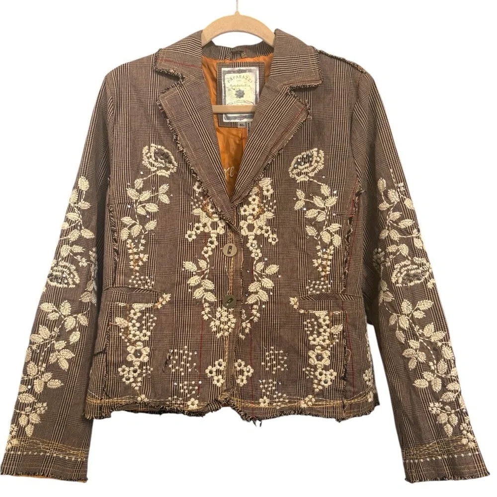 NWOT Paparazzi by Biz Floral Embroidered Tweed Boho Jacket in Brown Plaid XL